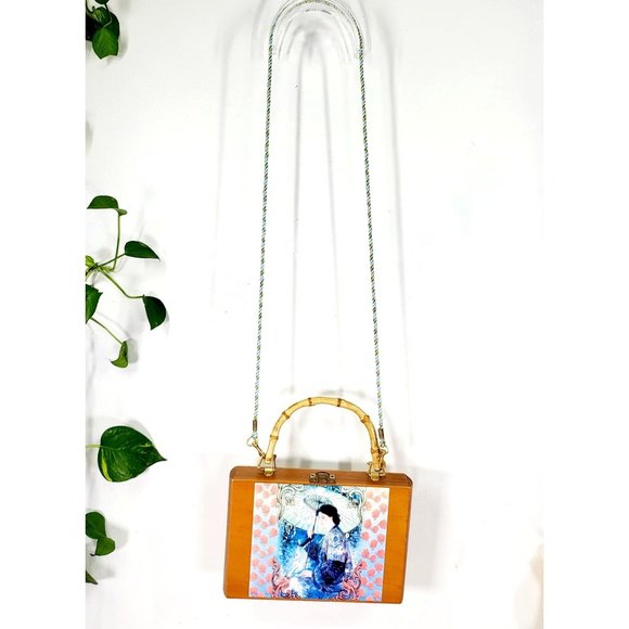 VIntage Parasol Painting Art Wooden‎ Vanity Crossbody Carry On Bag geisha 1909 - Picture 2 of 12
